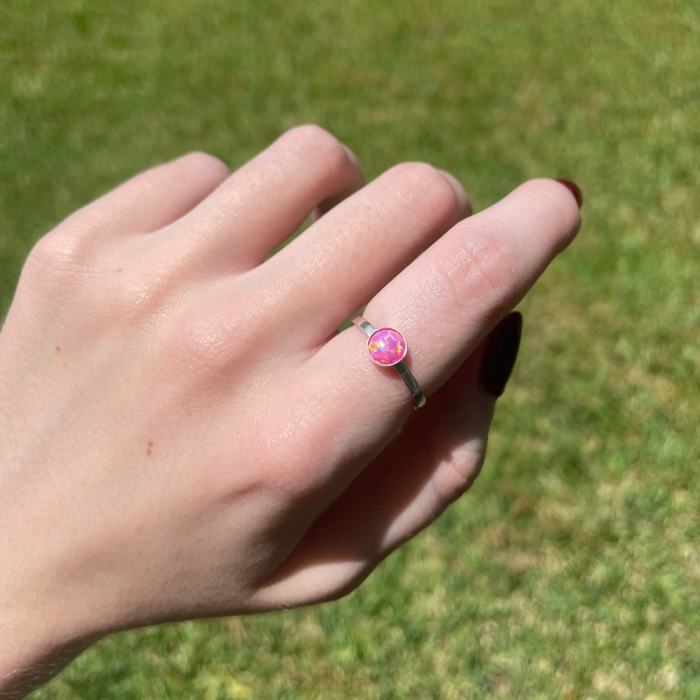 Handmade Sterling Silver Ring Band with Pink Opal - Picture 4 of 9